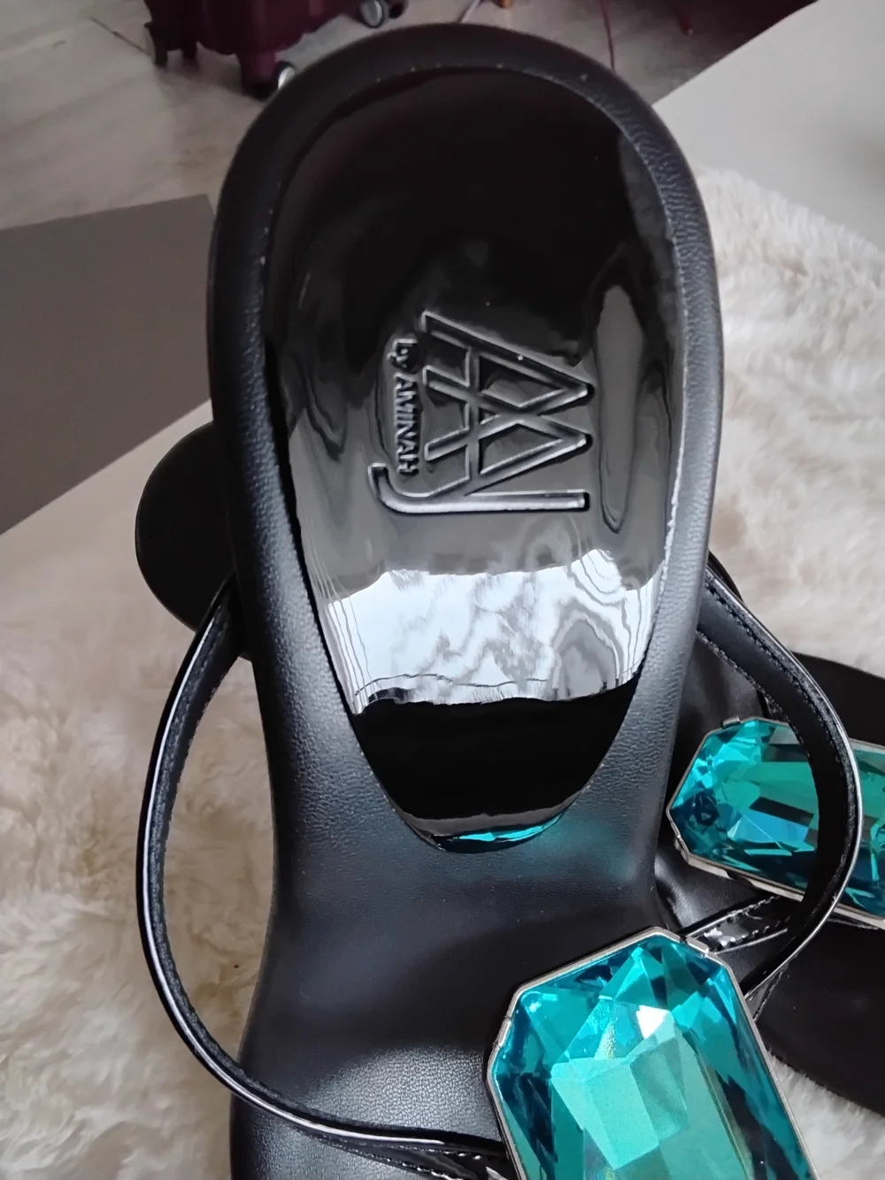 Black Thong Sandal with Large Aqua Gem Accent